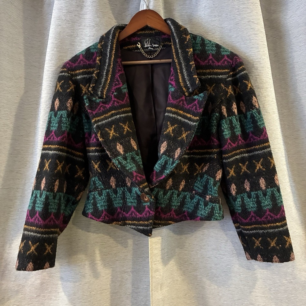 Vtg 80s 90s Jonathan Stevens Womens Aztec Boho Wool Cropped Jacket Blazer M